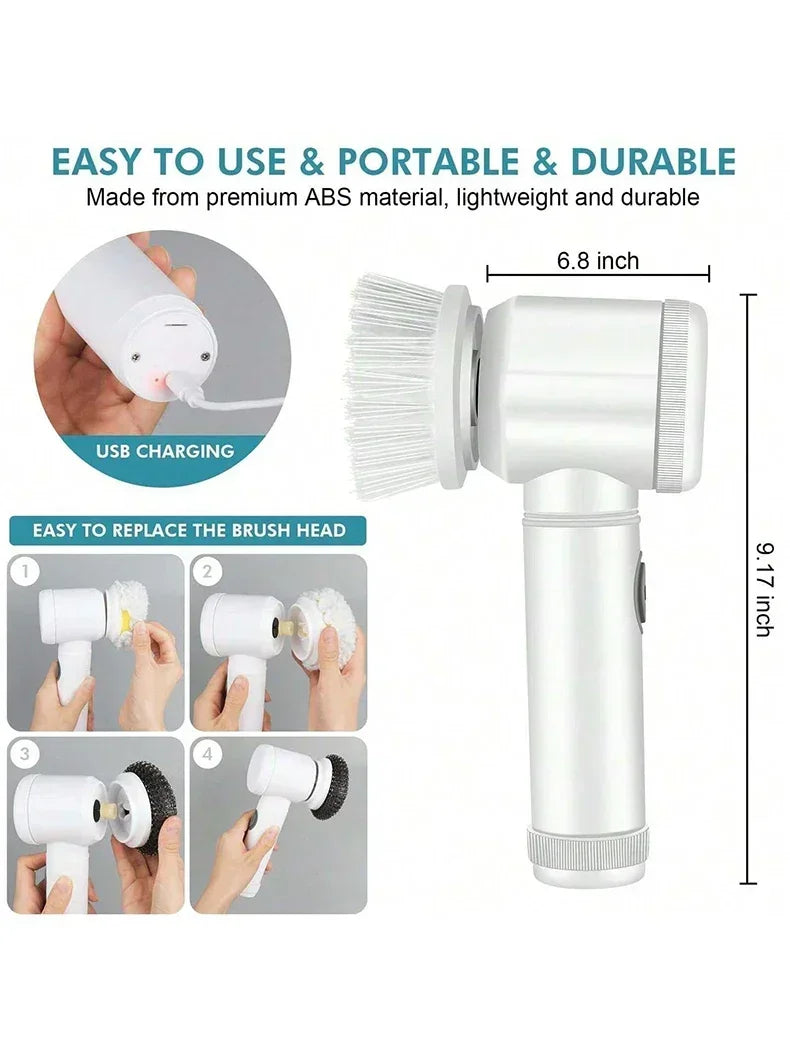 A silver electric spin scrubber with a replaceable brush head and charging cable is shown alongside various brush heads.