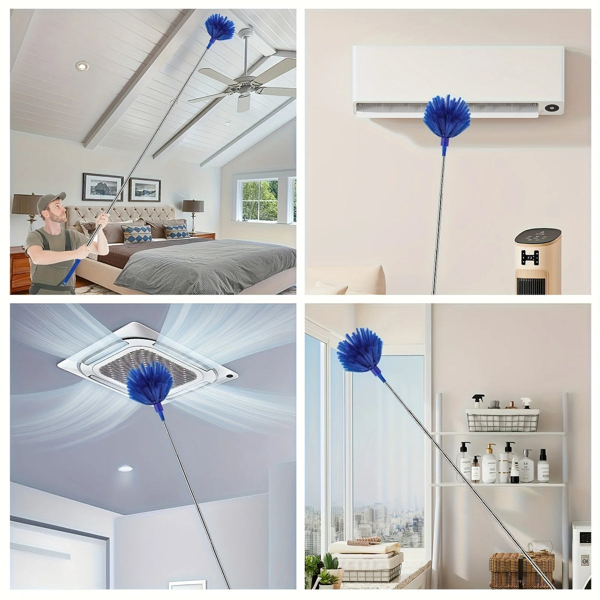 An extendable cleaning duster kit is shown being used to clean cobwebs and fans in various indoor settings.