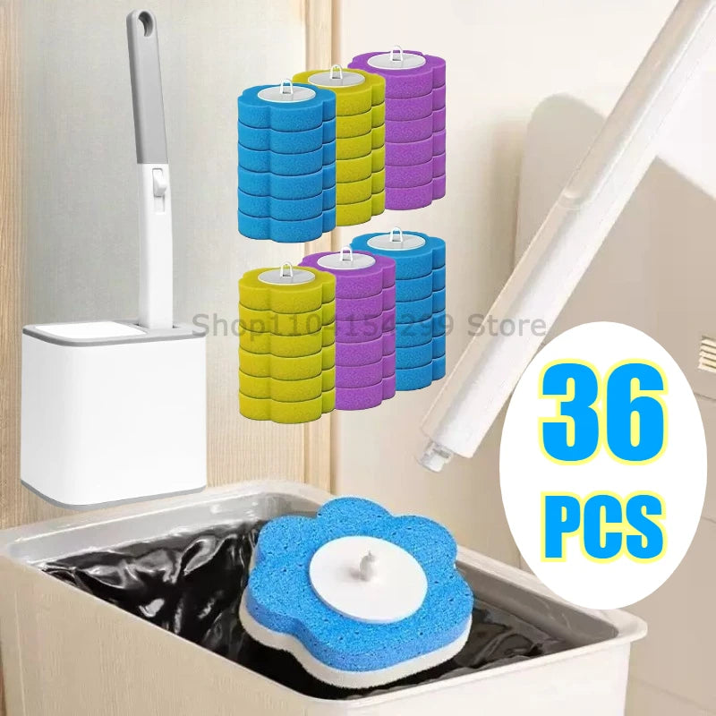 Kit de nettoyage avec brosse de toilette jetable montée au mur, plusieurs brosses colorées et un récipient blanc