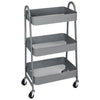 A gray 3-tier metal rolling storage cart with wire baskets and lockable wheels.