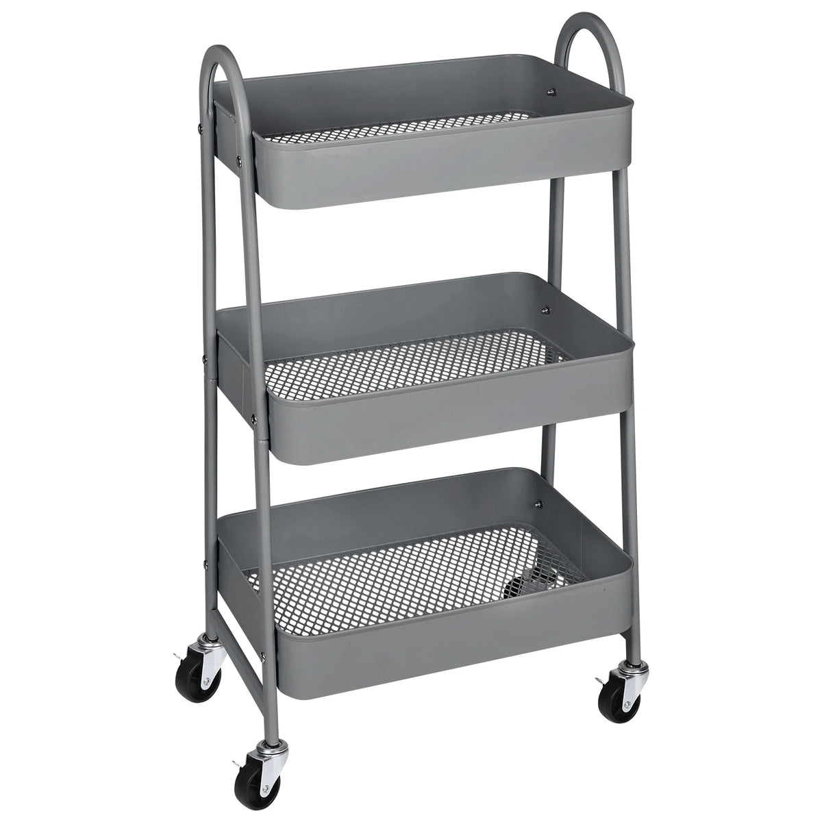 A gray 3-tier metal rolling storage cart with wire baskets and lockable wheels.