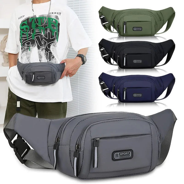 Eine Kollektion von Leinwand-Bauchtaschen in olivgrün, schwarz und marineblau in verschiedenen Farben und Winkeln.