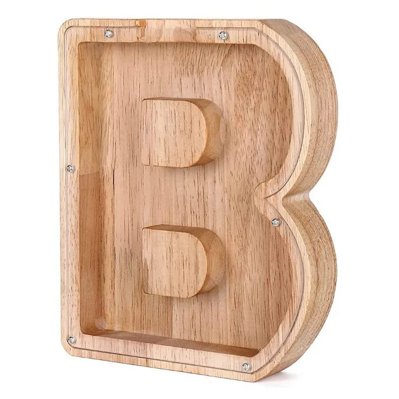 Piggy bank in the shape of the letter B for savings, made of wood.
