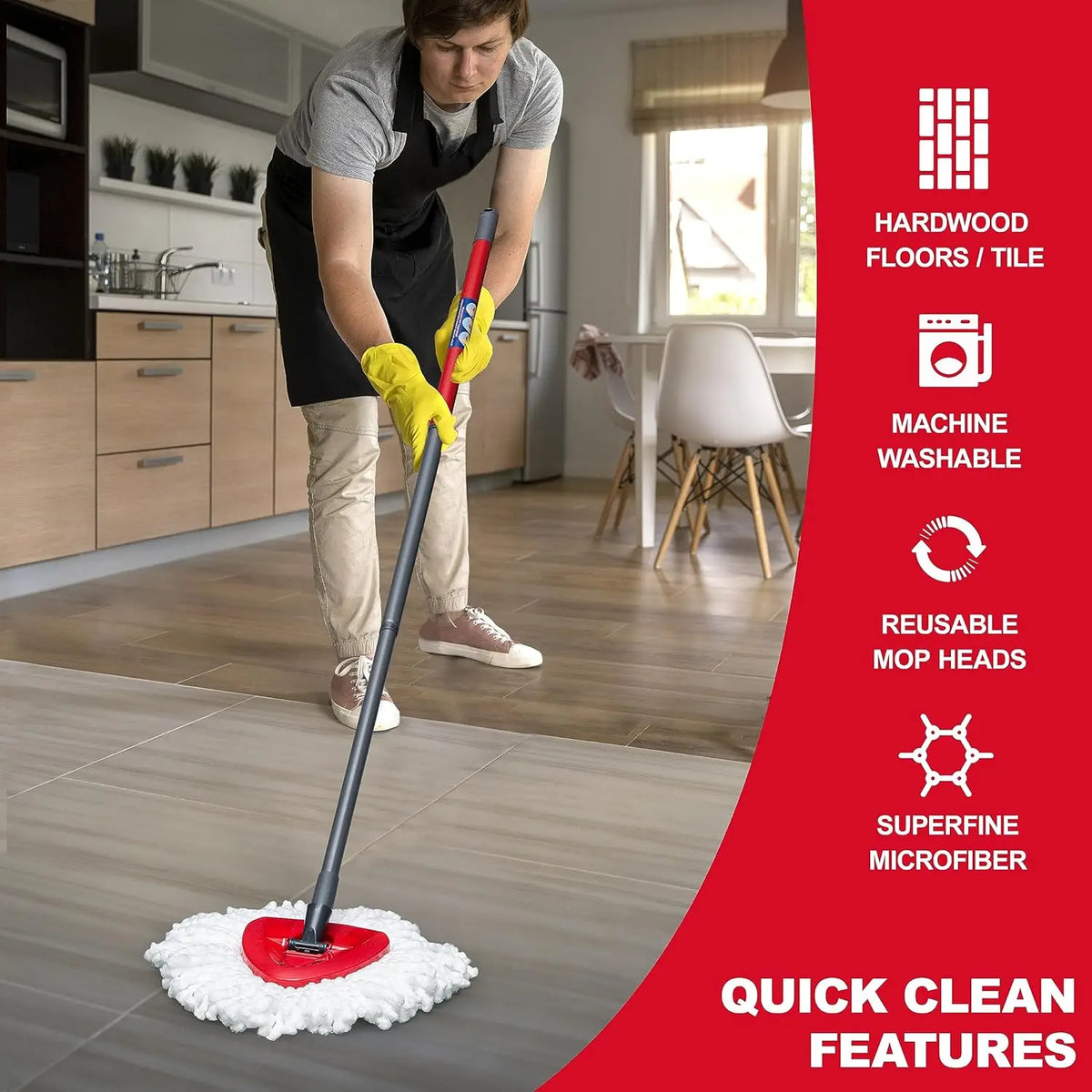 A person is using a red microfiber spin mop head on a mop to clean a wooden floor.