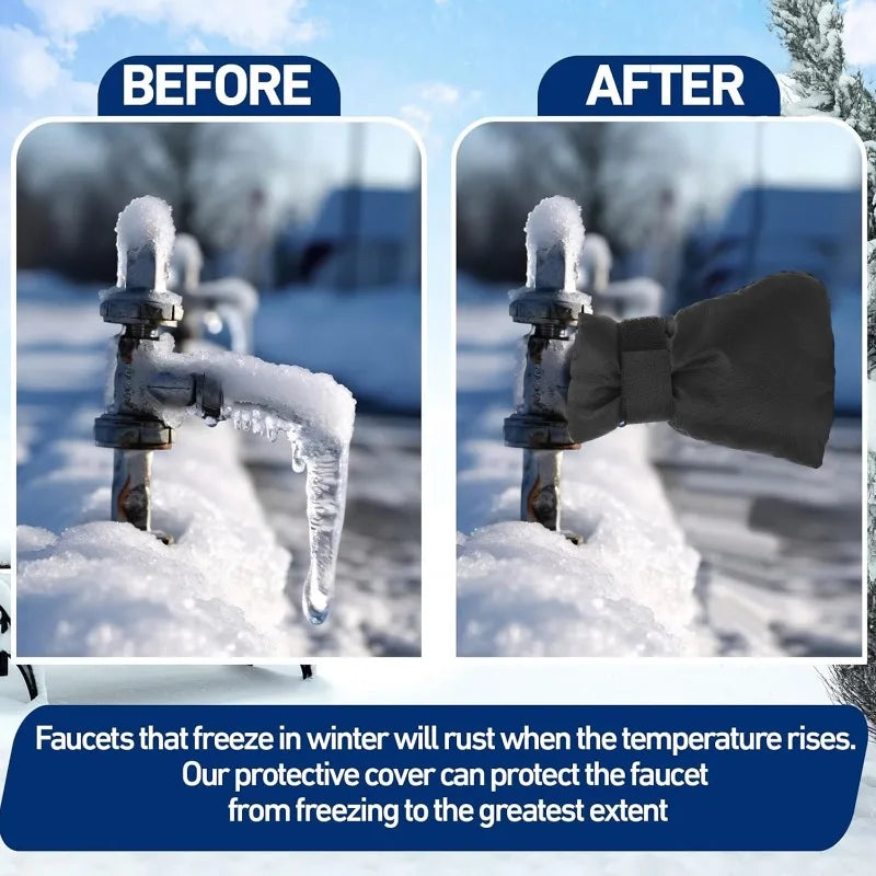 Before and after comparison showing a protective cover for an outdoor faucet preventing winter freezing and rust.