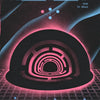 A dark, stylized illustration of a futuristic, concentric circular structure glowing pink and blue against a deep space backg