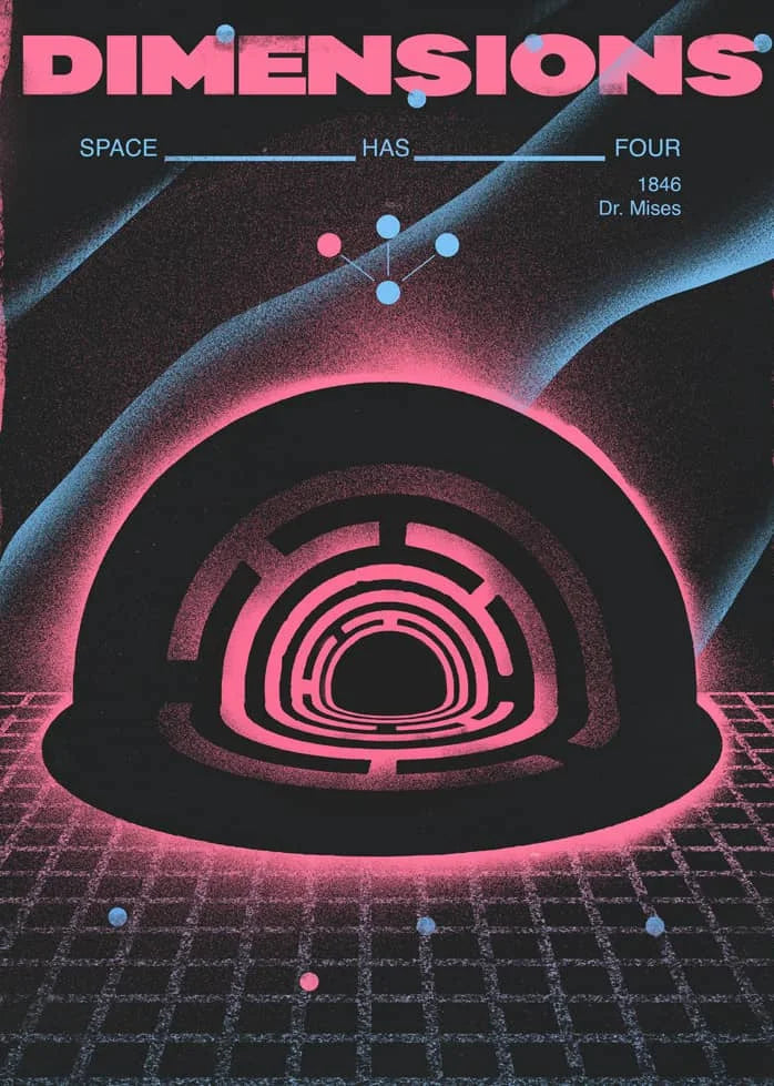 A dark, stylized illustration of a futuristic, concentric circular structure glowing pink and blue against a deep space backg