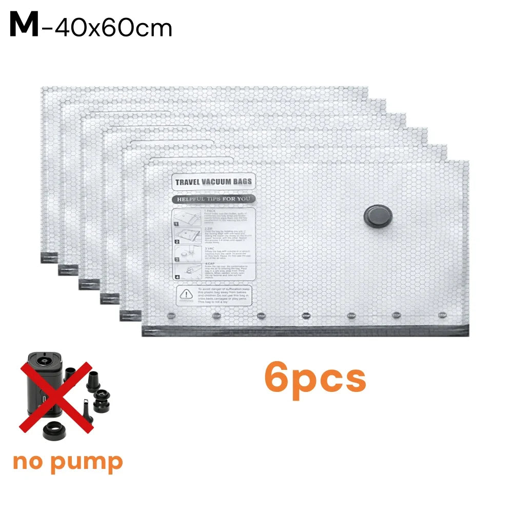 A set of M-40x60cm vacuum storage bags and an electric pump for space-saving compression.