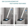 A white disposable toilet brush set demonstrating a one-click replacement and a contactless cleaning process.