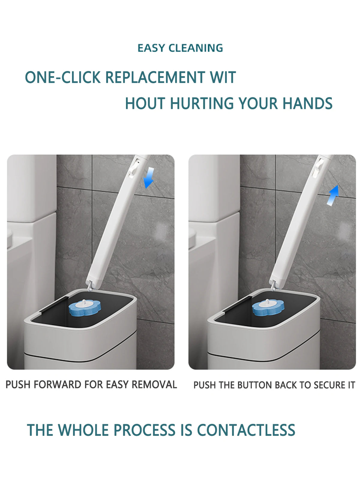 A white disposable toilet brush set demonstrating a one-click replacement and a contactless cleaning process.