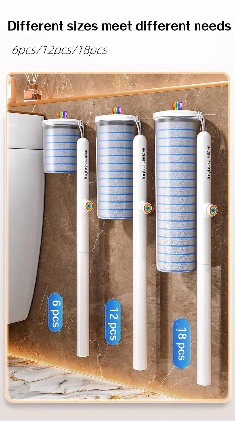 A display showing different sizes of disposable toilet brush cleaning kits, labeled 6pcs, 12pcs, and 18pcs.