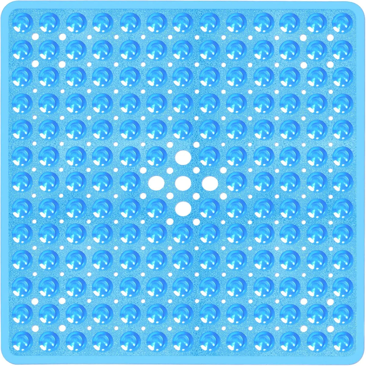 A blue non-slip shower mat with numerous suction cups for grip.