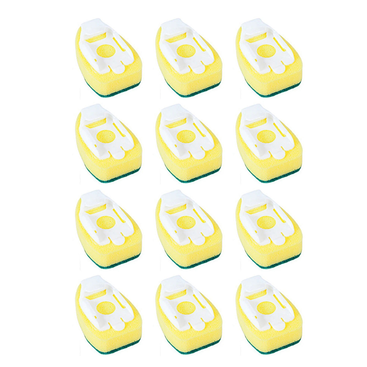 A set of yellow dish wand cleaning brushes with white heads and green bases.