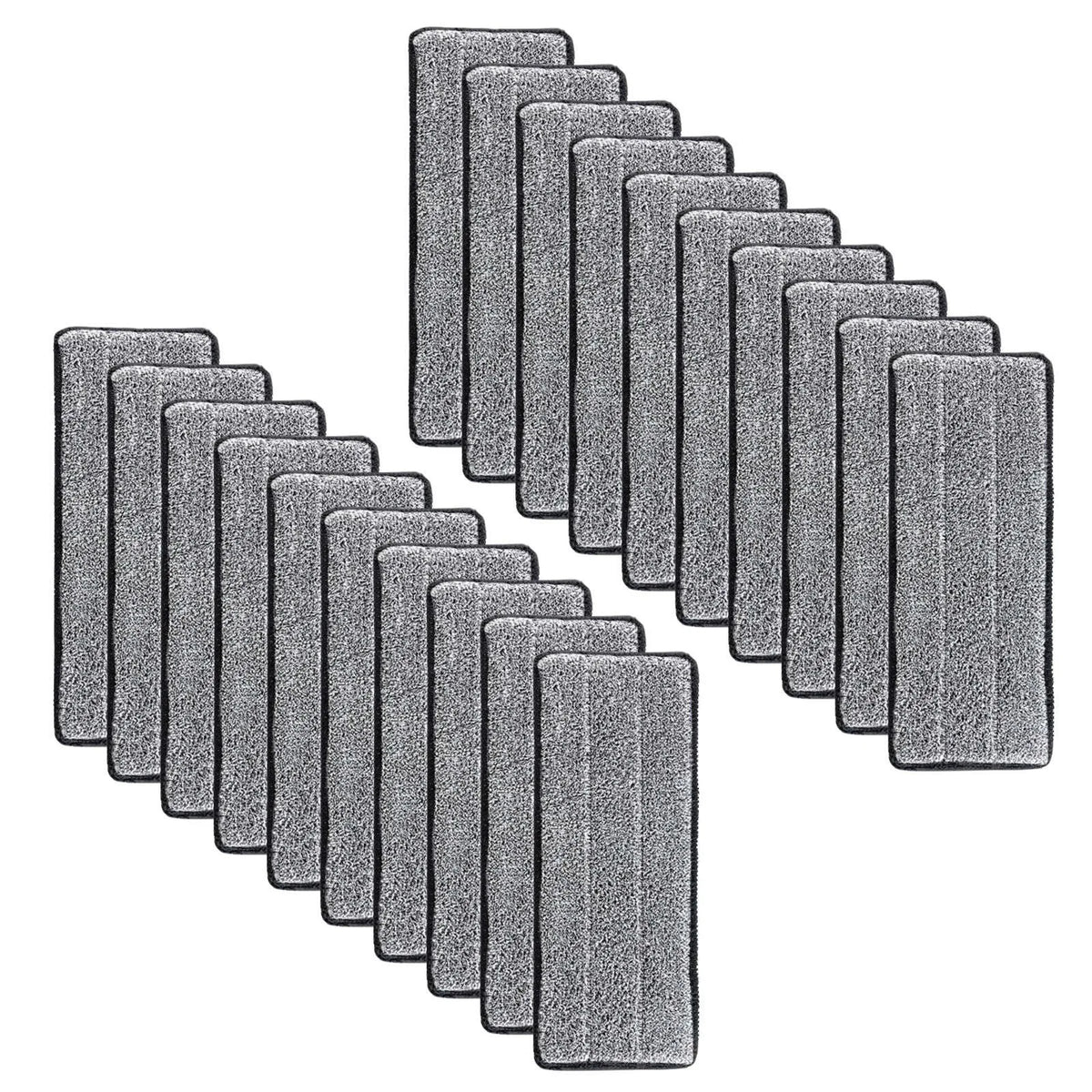 A collection of gray reusable microfiber mop pad refills arranged in rows.