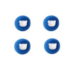 Four blue laundry balls with white pet hair catchers, used for laundry.