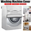 Silver washing machine cover with a roll edge protecting the appliance.