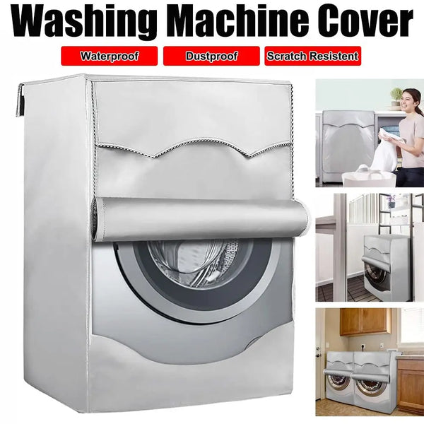 Silver washing machine cover with a roll edge protecting the appliance.