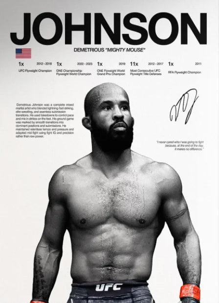 Black and white portrait of fighter Demetrious Johnson in a UFC fight stance