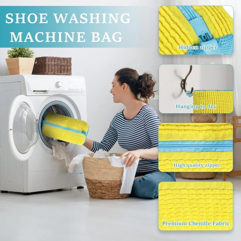 A woman is using a shoe washing machine bag for laundry in front of a washing machine.