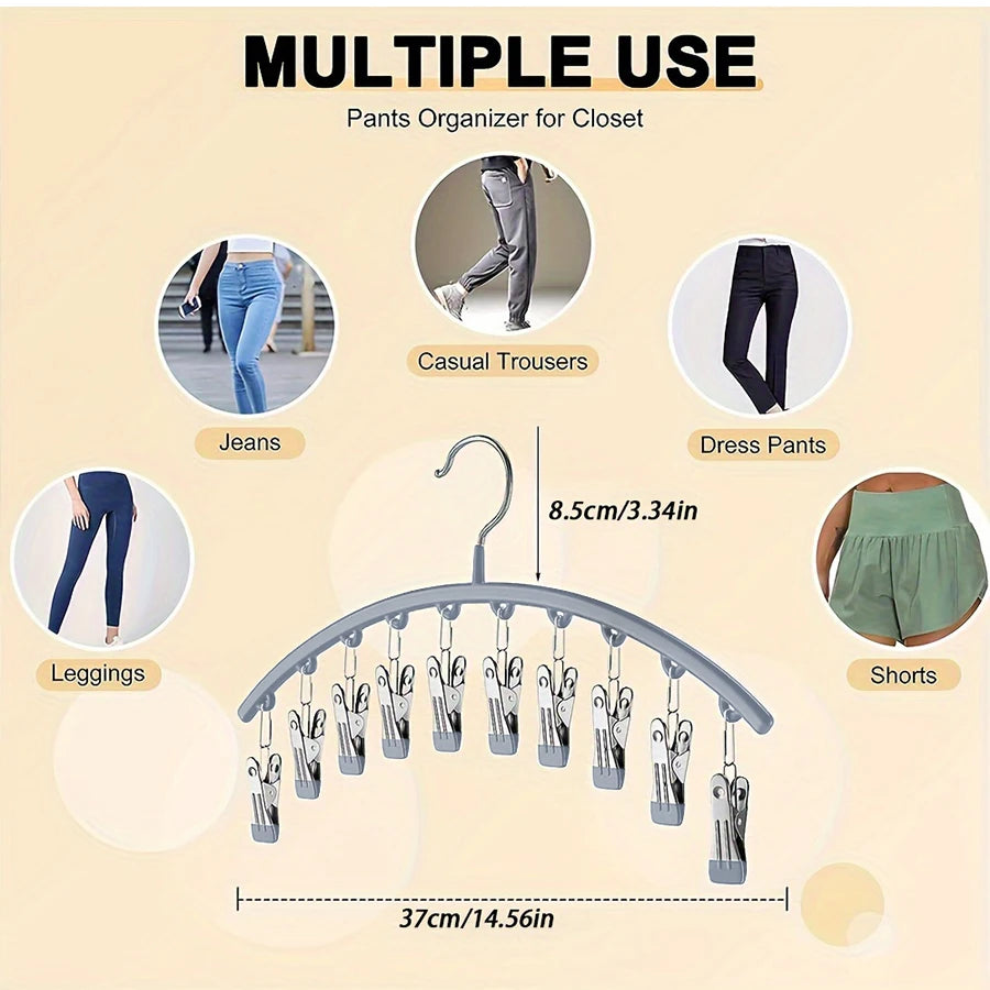 Percha de acero inoxidable con organizador de múltiples clips para colgar diversos tipos de pantalones y ropa.