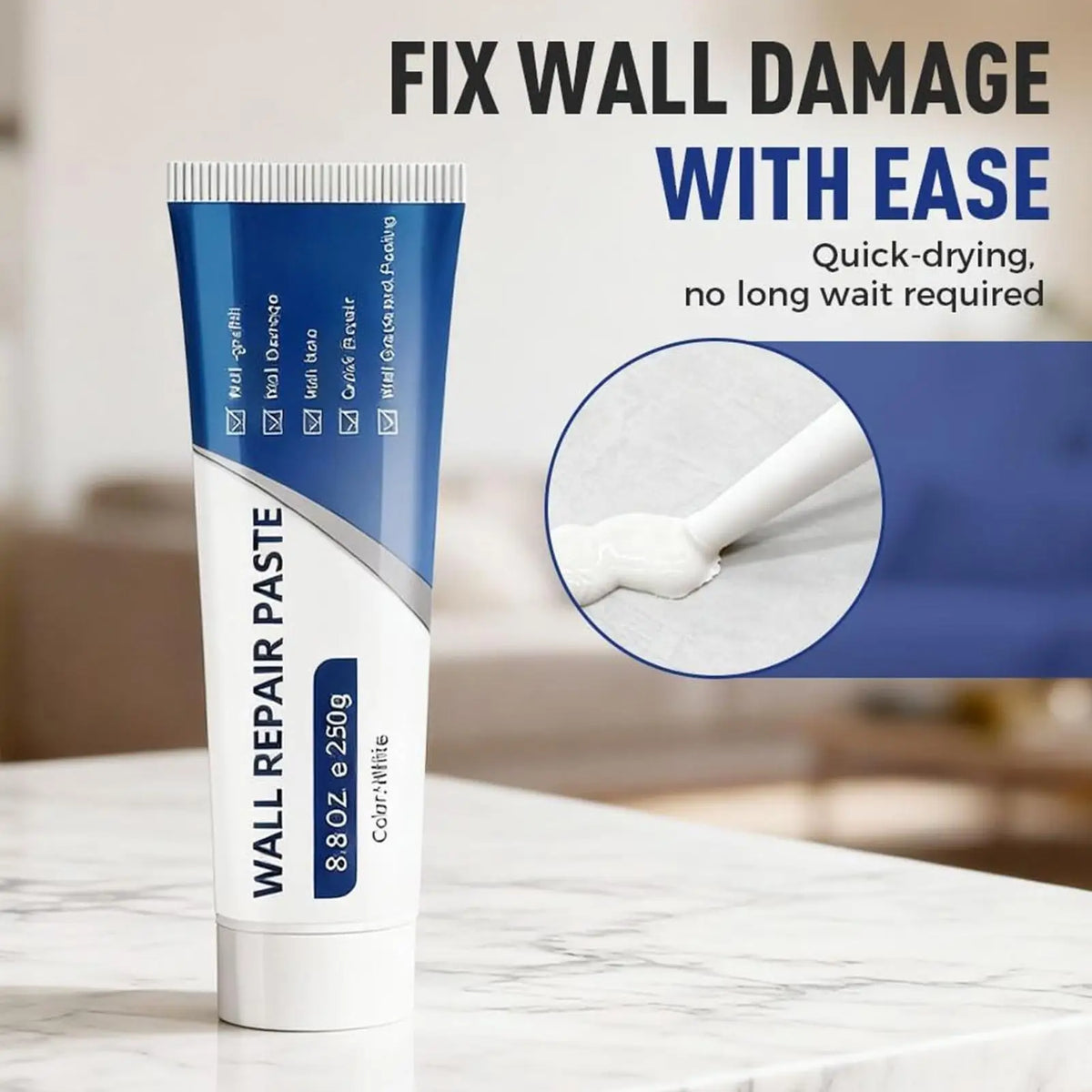 A tube of Wall Repair Paste for quick-drying wall damage, shown on a white marble surface.