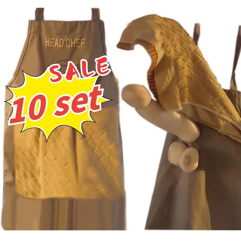 A yellow chef apron with a sale tag is shown next to a sculpted figure of a chef's head.