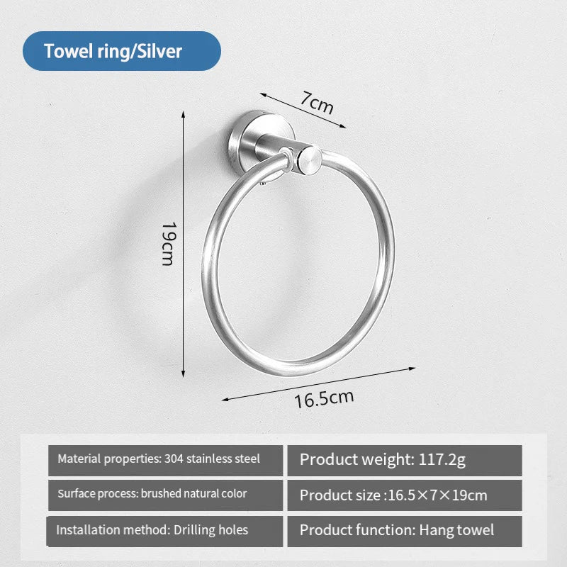 A silver towel ring with a 7cm diameter and 19cm length, designed for hanging towels.