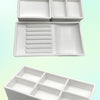 A white dental autoclavable cabinet tray organizer shown in various folded and unfolded configurations.