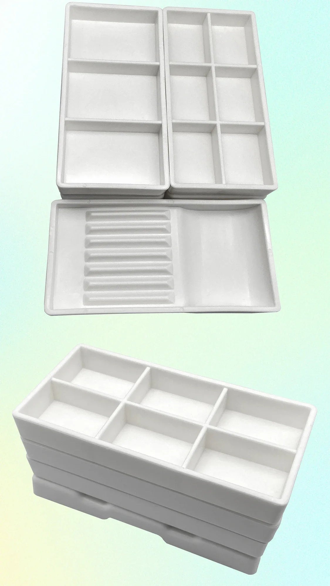 A white dental autoclavable cabinet tray organizer shown in various folded and unfolded configurations.