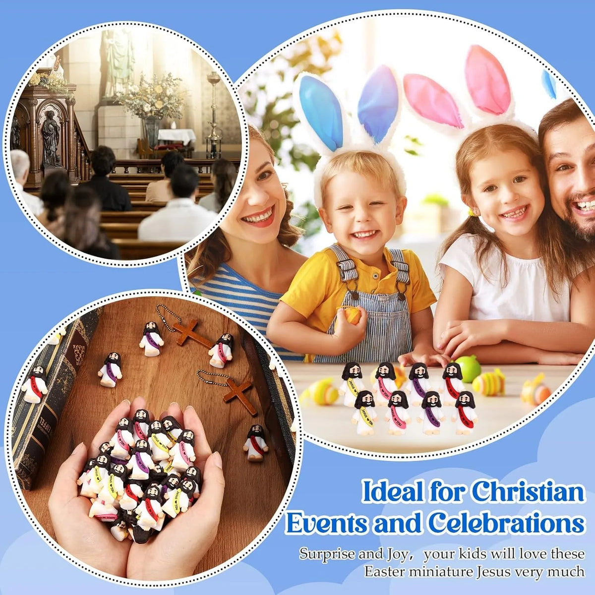 Une main tient un amas d'ornements miniatures de Jésus pour les événements et célébrations chrétiennes.