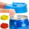 Blue reusable plastic beverage can seals shown being applied to a metal can.