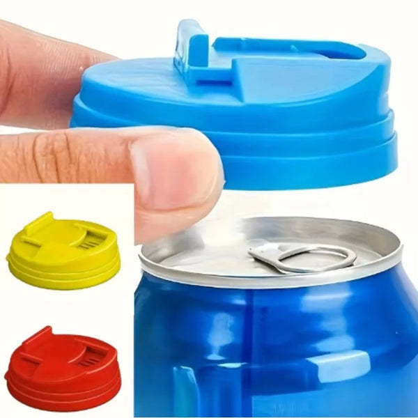 Blue reusable plastic beverage can seals shown being applied to a metal can.