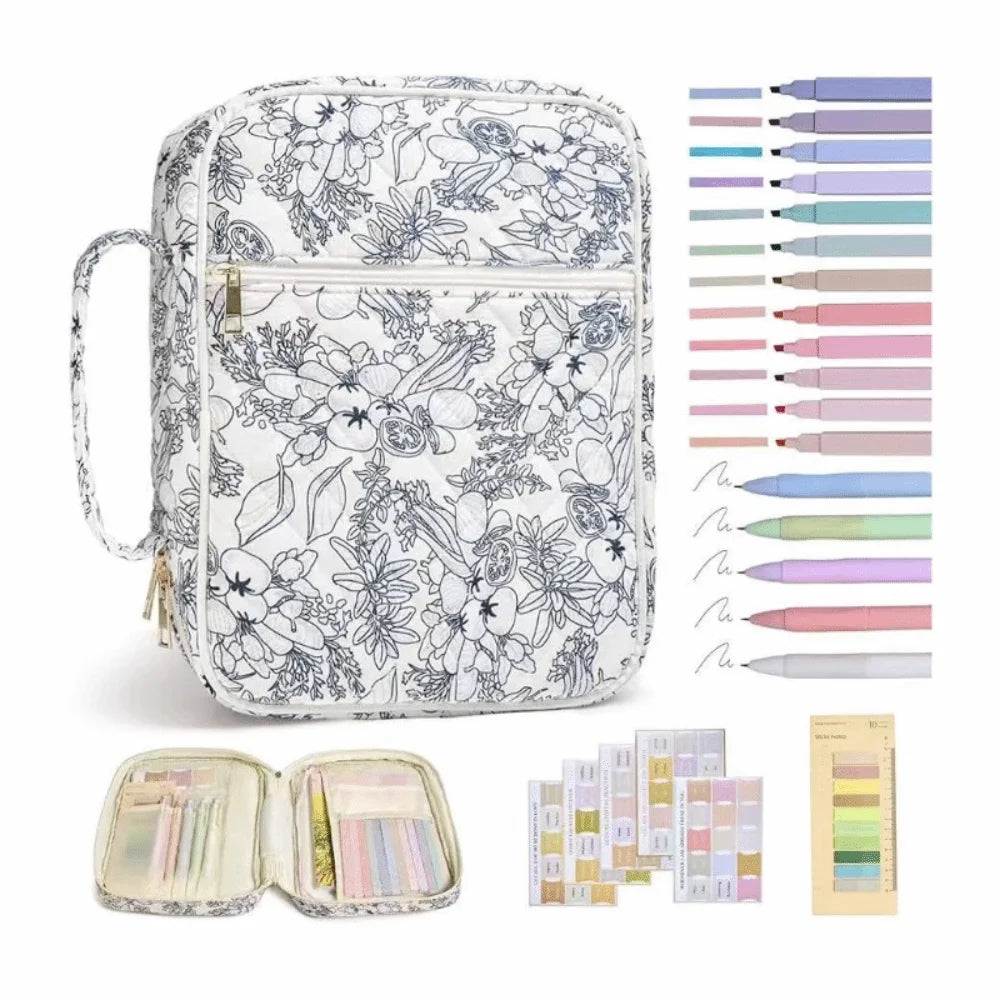 A floral quilted bible cover bag with a zipper and handle shown alongside various color palettes.