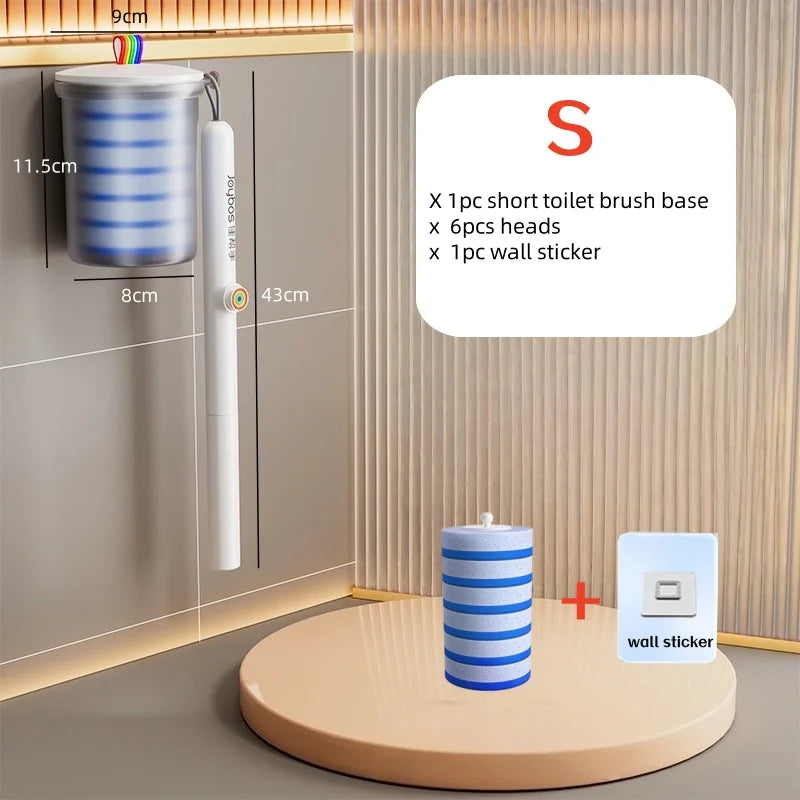 A disposable toilet brush cleaning kit showing a brush base, heads, and wall sticker in a bathroom setting.