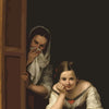 A painting depicting a woman looking out of a window, with another young girl resting her head on her hand.