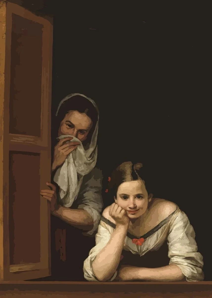 A painting depicting a woman looking out of a window, with another young girl resting her head on her hand.