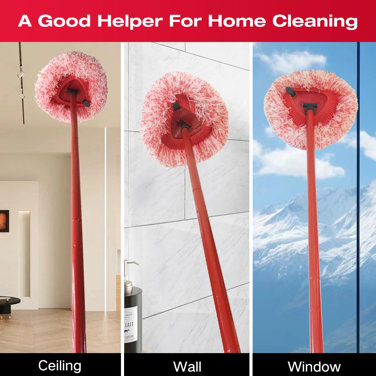 Drei rote Ersatzwischköpfe für den O-Cedar EasyWring Wischmopp, der Decke, Wand und Fenster reinigt.