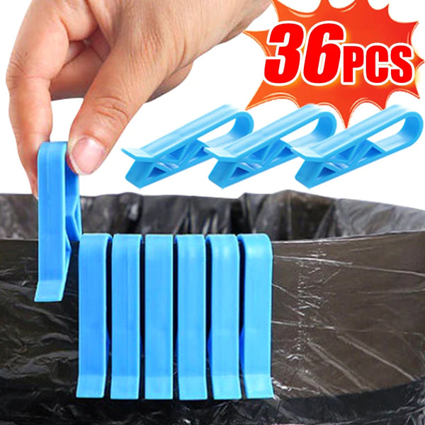 A hand is placing blue silicone bag clips into a black plastic bag.