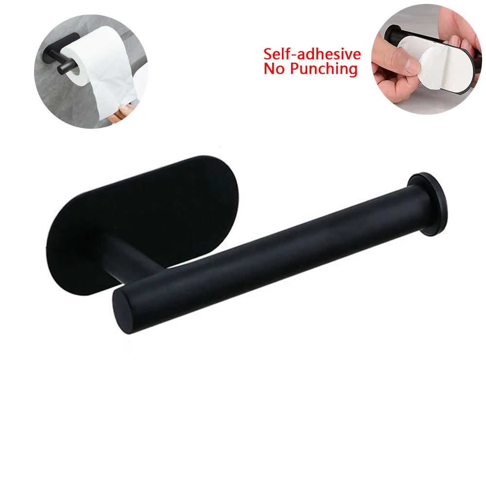 Estante adhesivo de toallas de acero inoxidable negro con soporte plano y toalla autoadhesiva