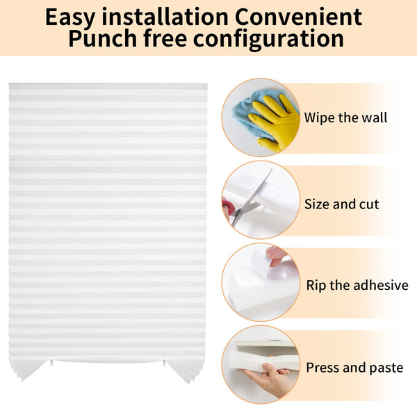 Instructions for easy installation of a cordless pleated paper window shade featuring wipe the wall, size and cut, rip adhesi