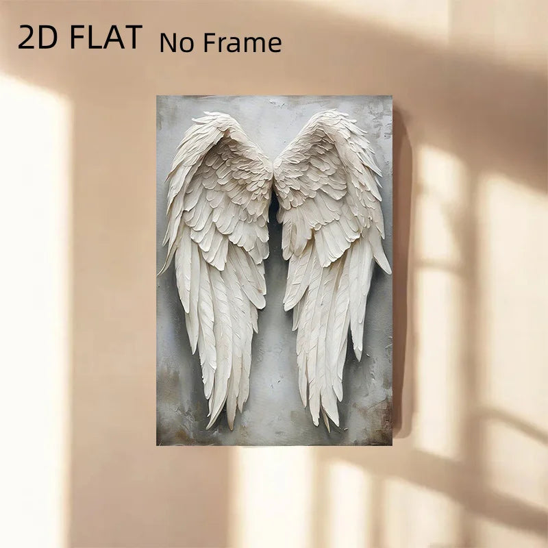 Une œuvre d'art murale plate en 2D représentant une paire d'ailes d'ange blanches sur un fond gris atténué.