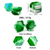 Portable silicone storage jars in green and blue, showing various angles and dimensions.