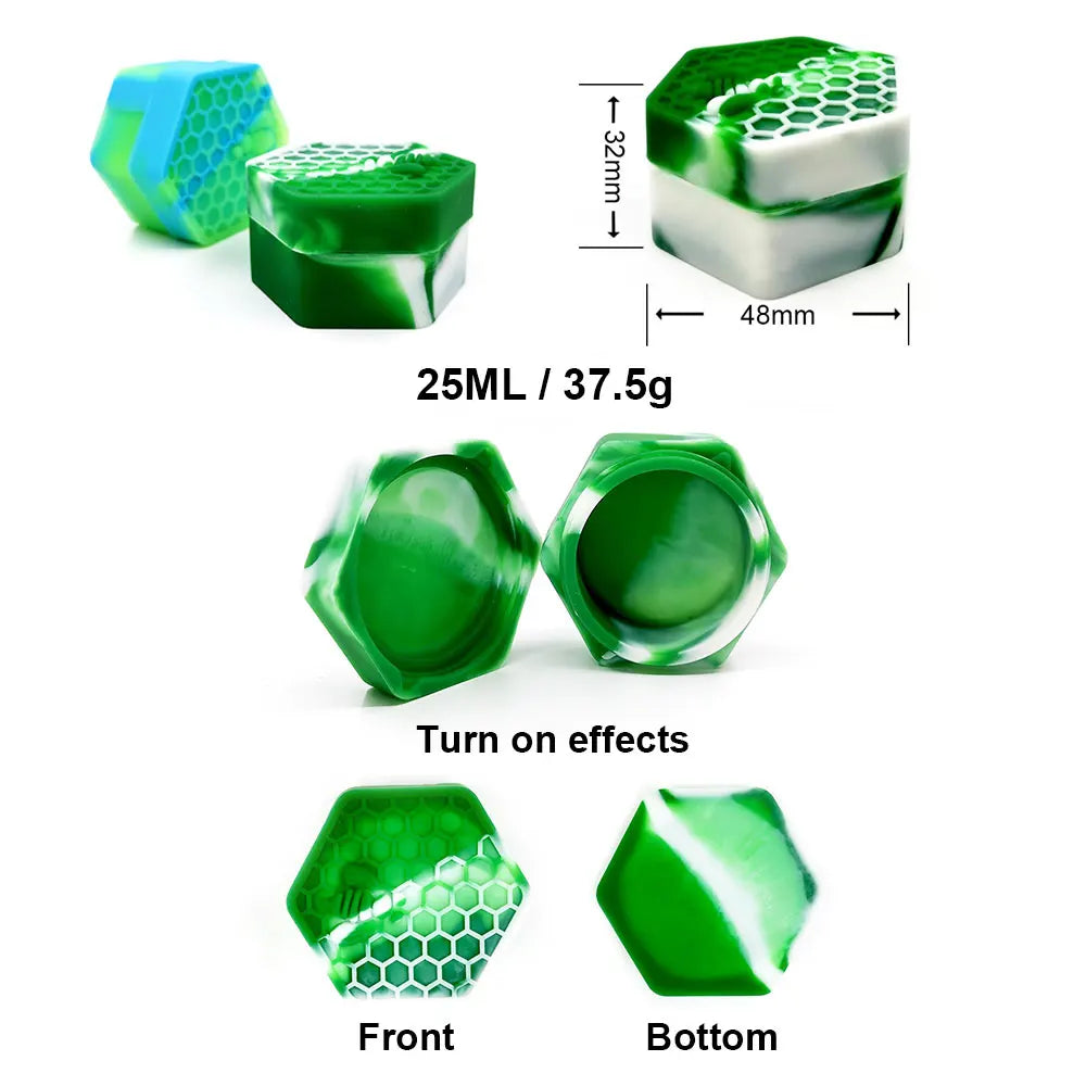 Portable silicone storage jars in green and blue, showing various angles and dimensions.