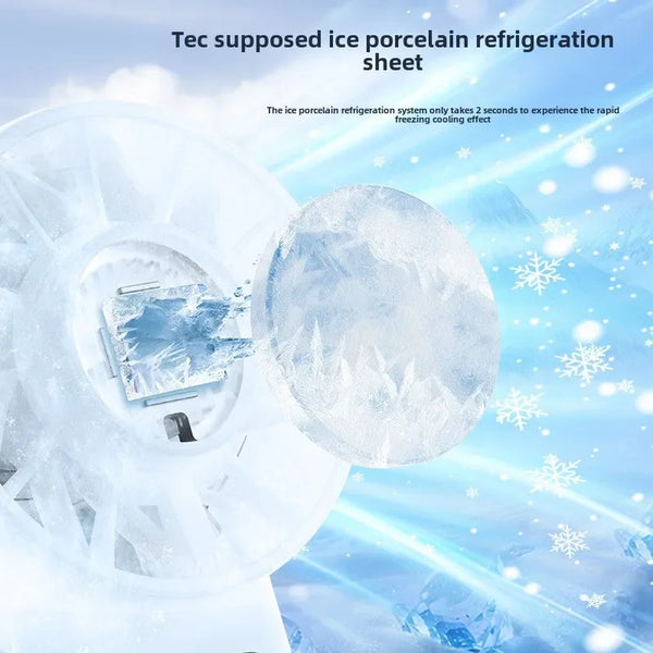A white ice porcelain refrigeration sheet is shown with a fan, illustrating a rapid freezing cooling effect.