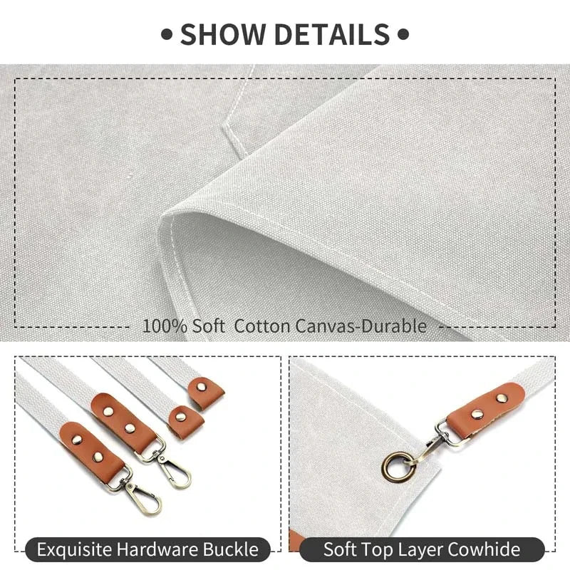 Close-up of a soft cotton canvas cooking apron showing hardware buckles and a soft top layer.