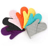 A collection of colorful heat resistant oven mitts in shades of orange, yellow, pink, blue, purple, and gray.