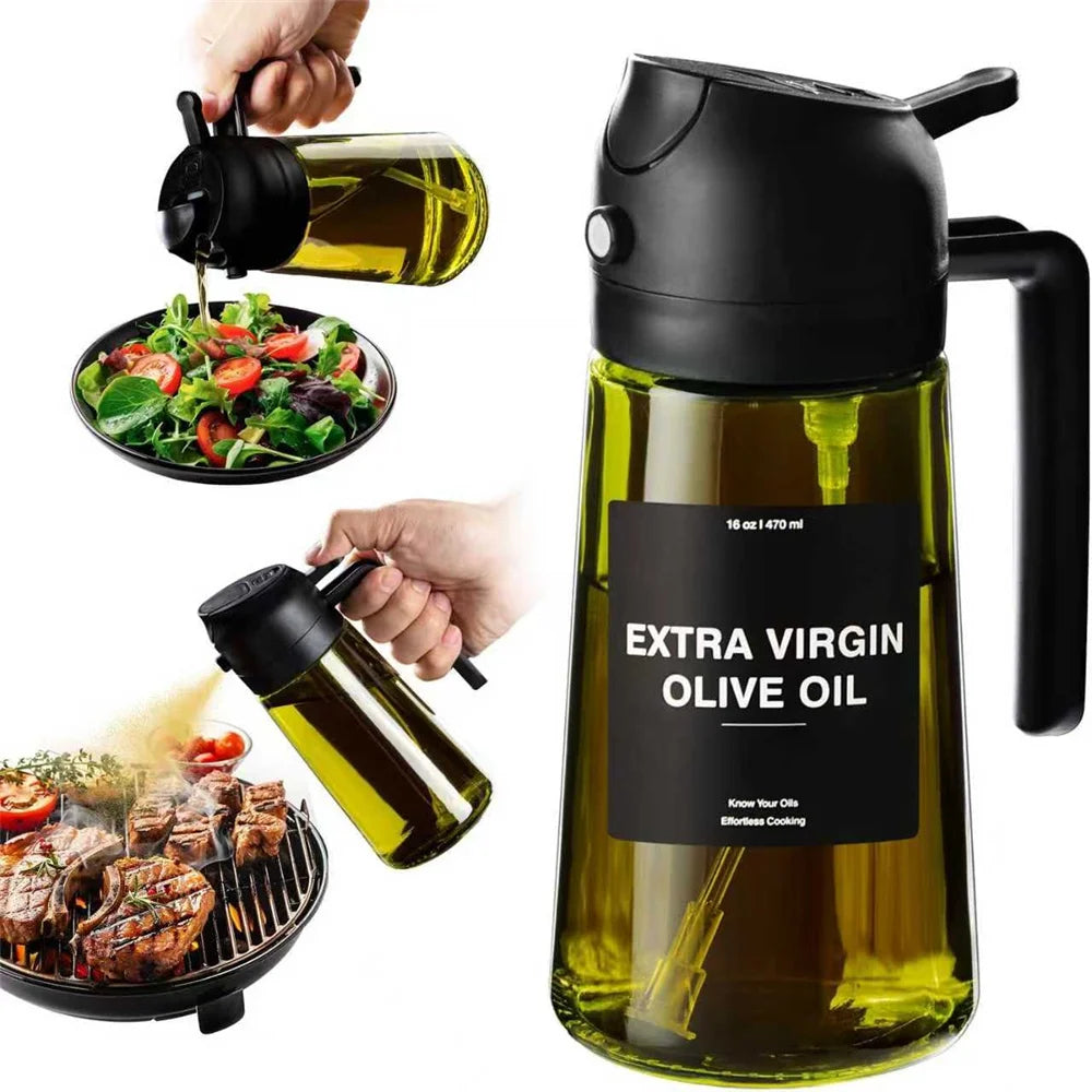 A black glass olive oil dispenser with a pump and a spout is shown next to a hand pouring olive oil into a bowl.