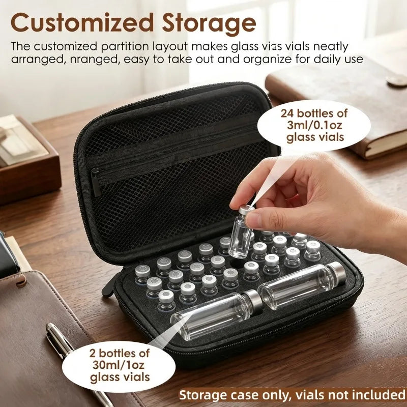 A black storage case for glass vials is shown open, displaying various sized vials and a hand arranging them.