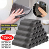 A stack of gray microfiber cleaning cloths in various sizes is shown with a hand demonstrating their use for streak-free clea