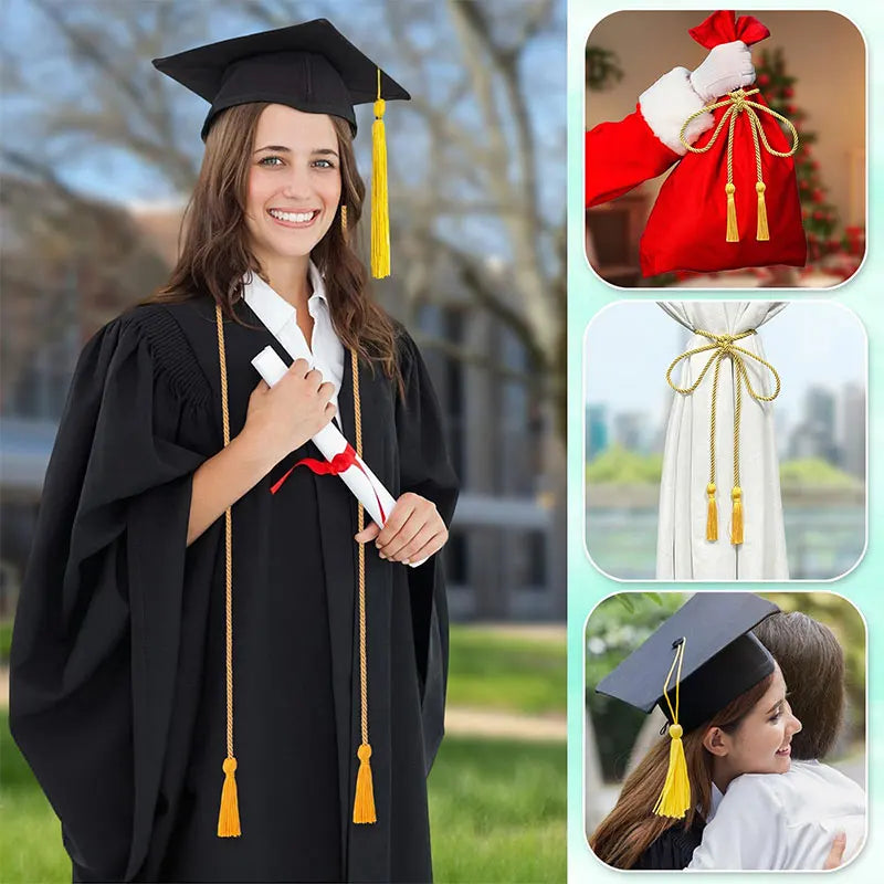 A smiling woman in a black graduation gown holds an honor cord with yellow tassel ends.